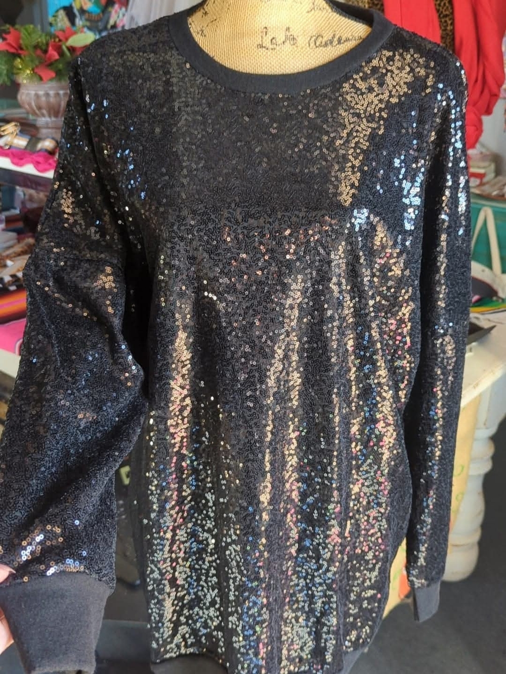 Black Sequin Long-Sleeve Women’s Tunic Top